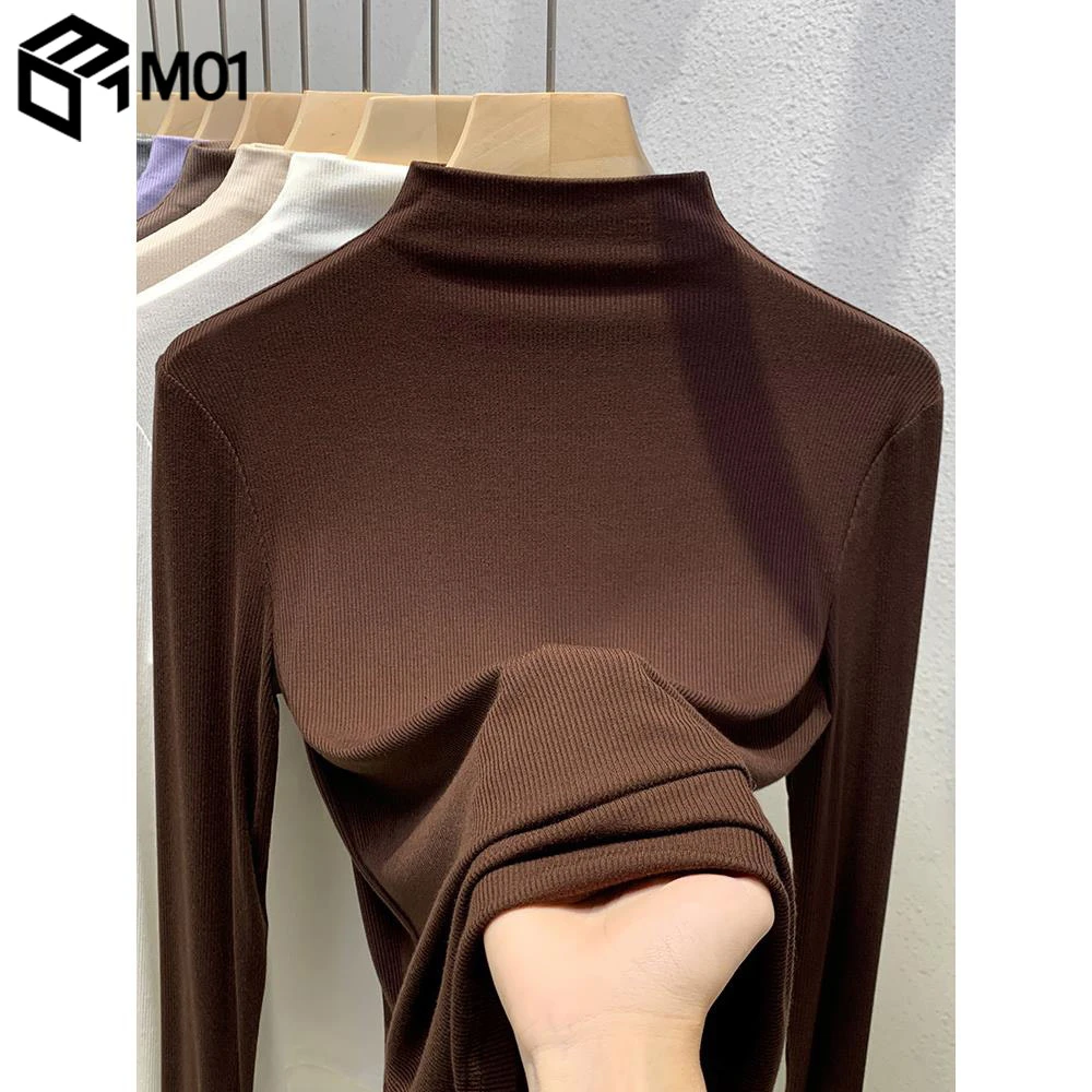 M01半高领打底衫女2025春秋新款内搭长袖t恤螺纹修身百搭咖色上衣