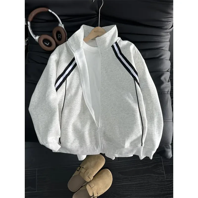 美式立领条纹开衫卫衣男款秋季cleanfit外套宽松潮牌运动夹克衫