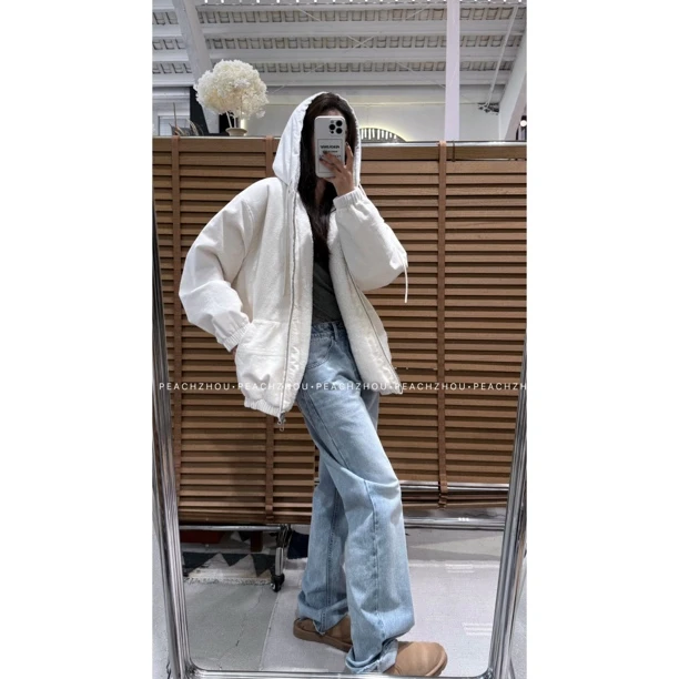 『PEACHZHOU』水洗猫纹纹毛边微宽松系扣牛仔通勤休闲显瘦直筒裤