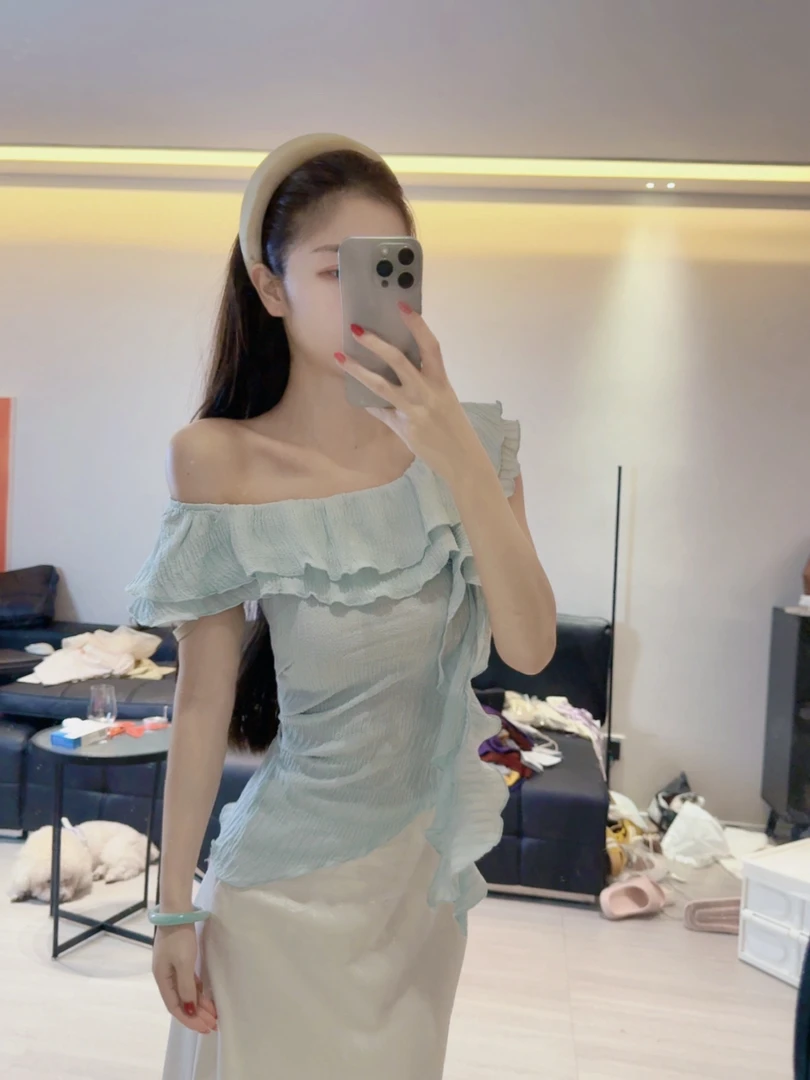 【秋阳专属】法式荷叶边一字肩T恤夏季新款设计感小众修身别致上衣2