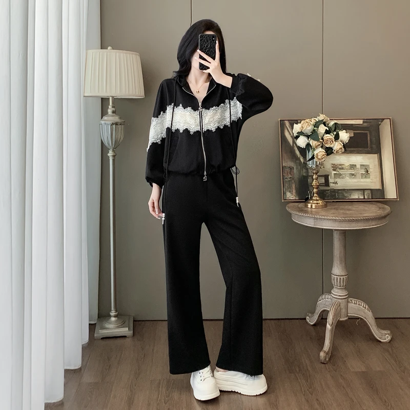 港风复古休闲套装女2025秋新款黑色连帽开衫外套高腰阔腿裤两件套