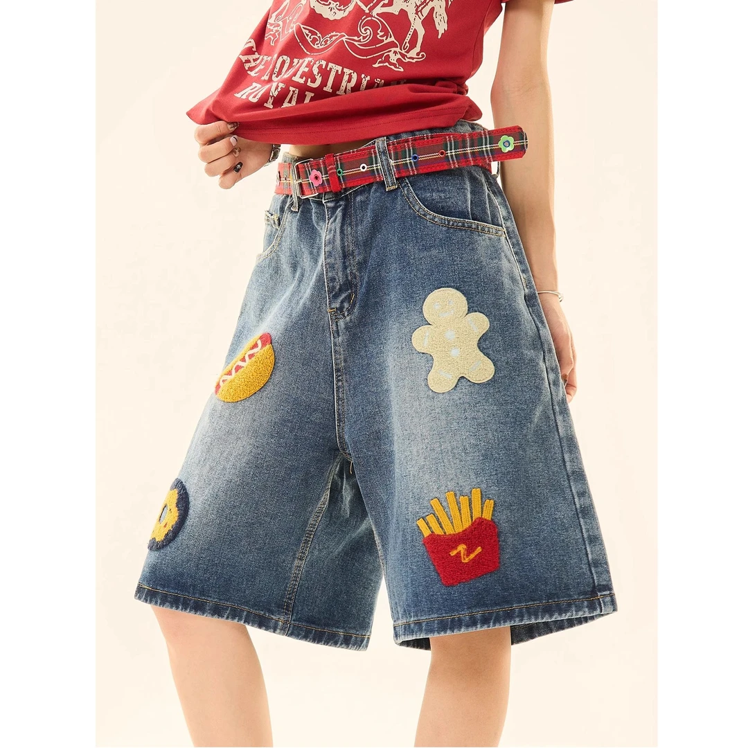 黑龙炮美式复古「汉堡薯条毛巾绣」牛仔短裤男女情侣夏季五分裤子