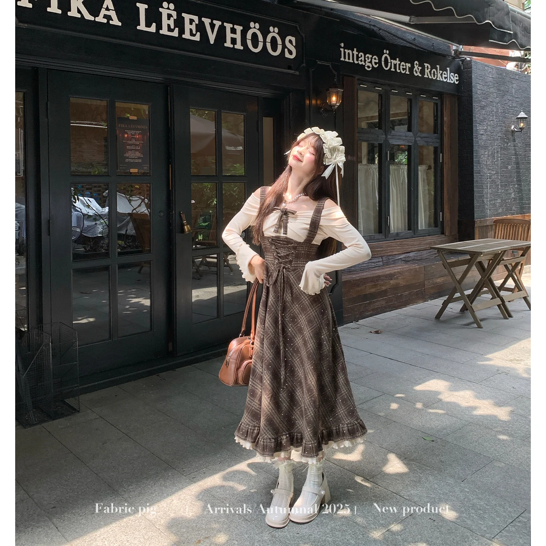 焦糖玛奇朵 织物猪原创  复古假两件连衣裙女早秋拼接收腰长短裙