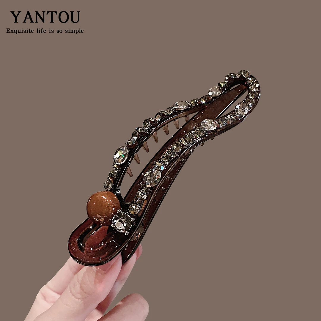 轻奢风珍珠水钻鸭嘴夹洋气碎发刘海侧边发卡前额边夹高级咖色头饰