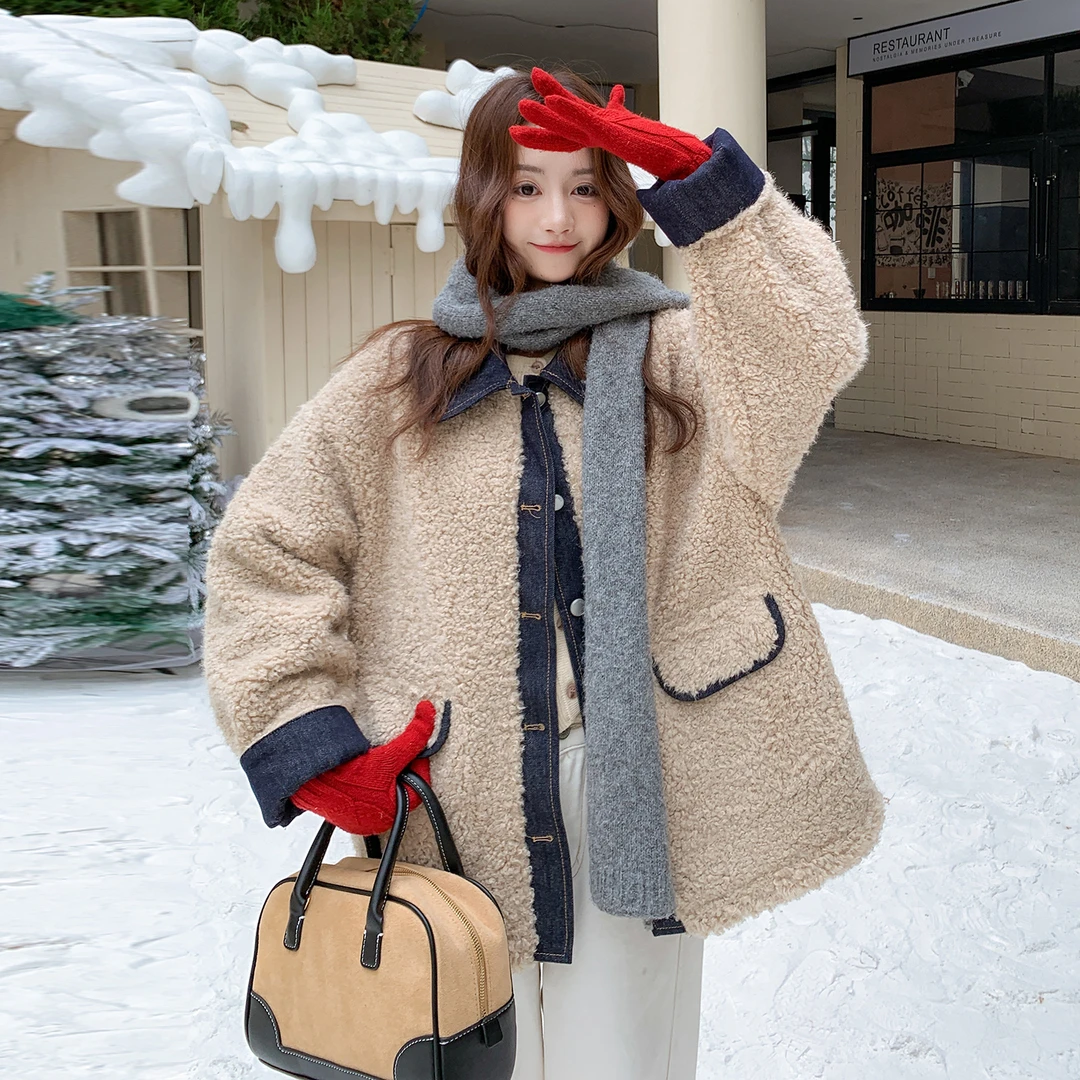 牛仔拼接羊羔毛棉服外套女2025新款冬季撞色洋气别致独特加绒棉袄