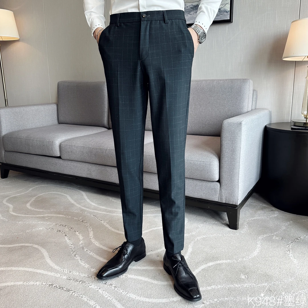 修身格子西裤男秋冬新郎结婚礼服商务休闲西装上班面试职业装T2