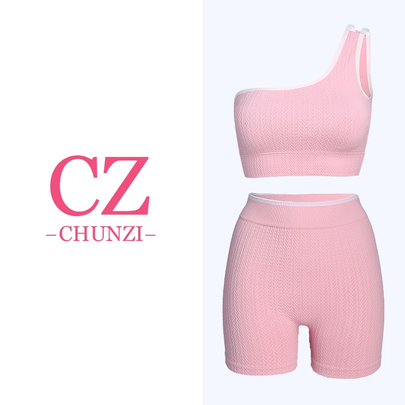 【爱琳专属】斜肩性感健身文胸瑜伽服背心运动美背短裤带胸垫两件套
