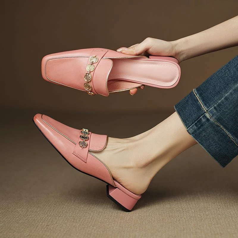 巨好看~头层牛皮包头半拖鞋女3公分2025新款一脚蹬方头穆勒凉拖鞋