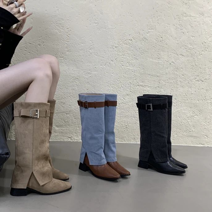 秋冬复古高筒不增高的中筒长筒靴尖头短靴时装靴长靴百搭牛仔女靴