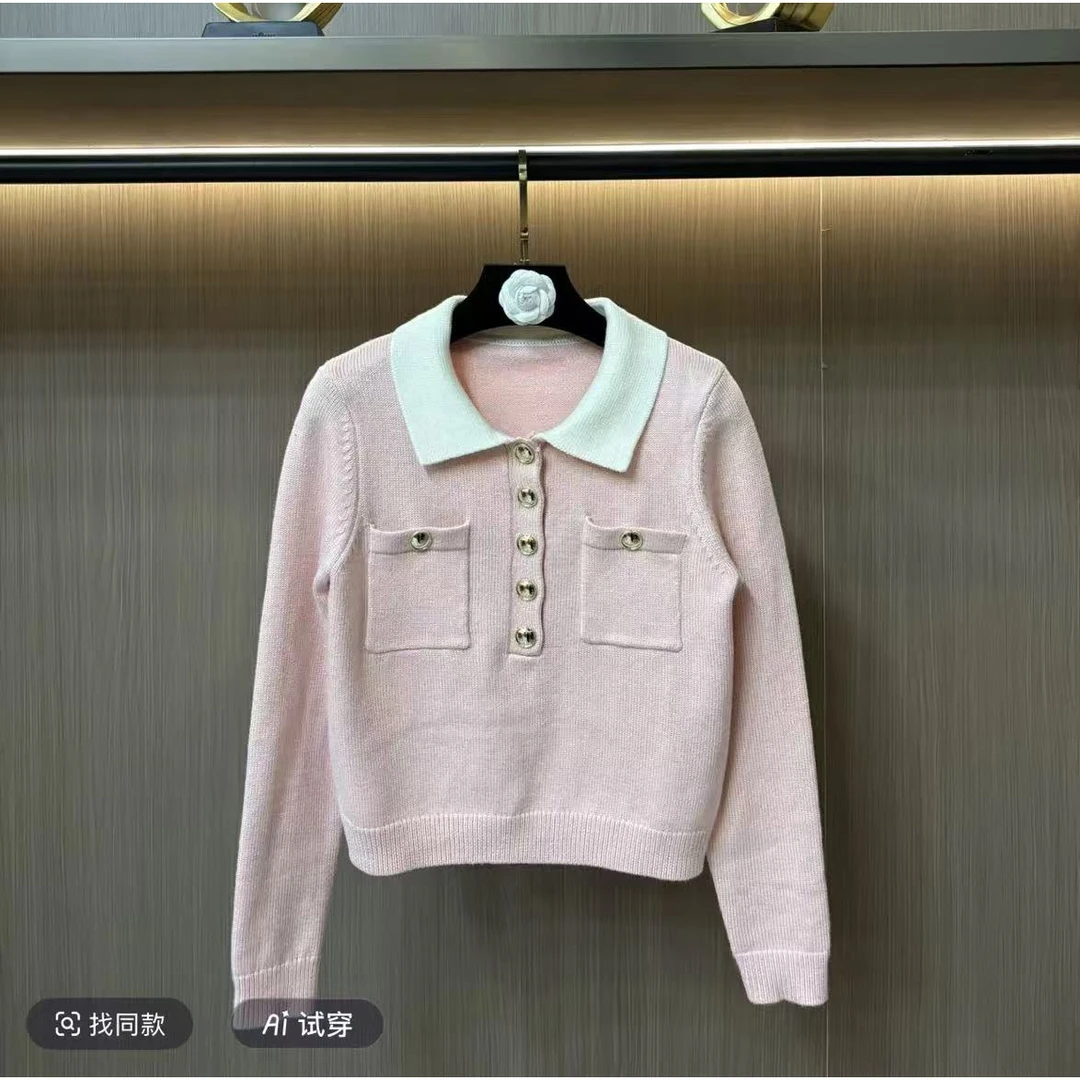 25216秋冬法式复古撞色翻领半开襟羊毛混纺女士厚款套头针织衫