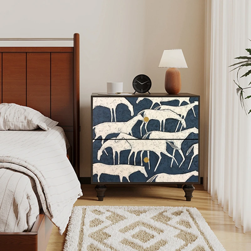 实木床头收纳柜家用卧室轻奢高级感法式中古风彩绘创意床头柜定制