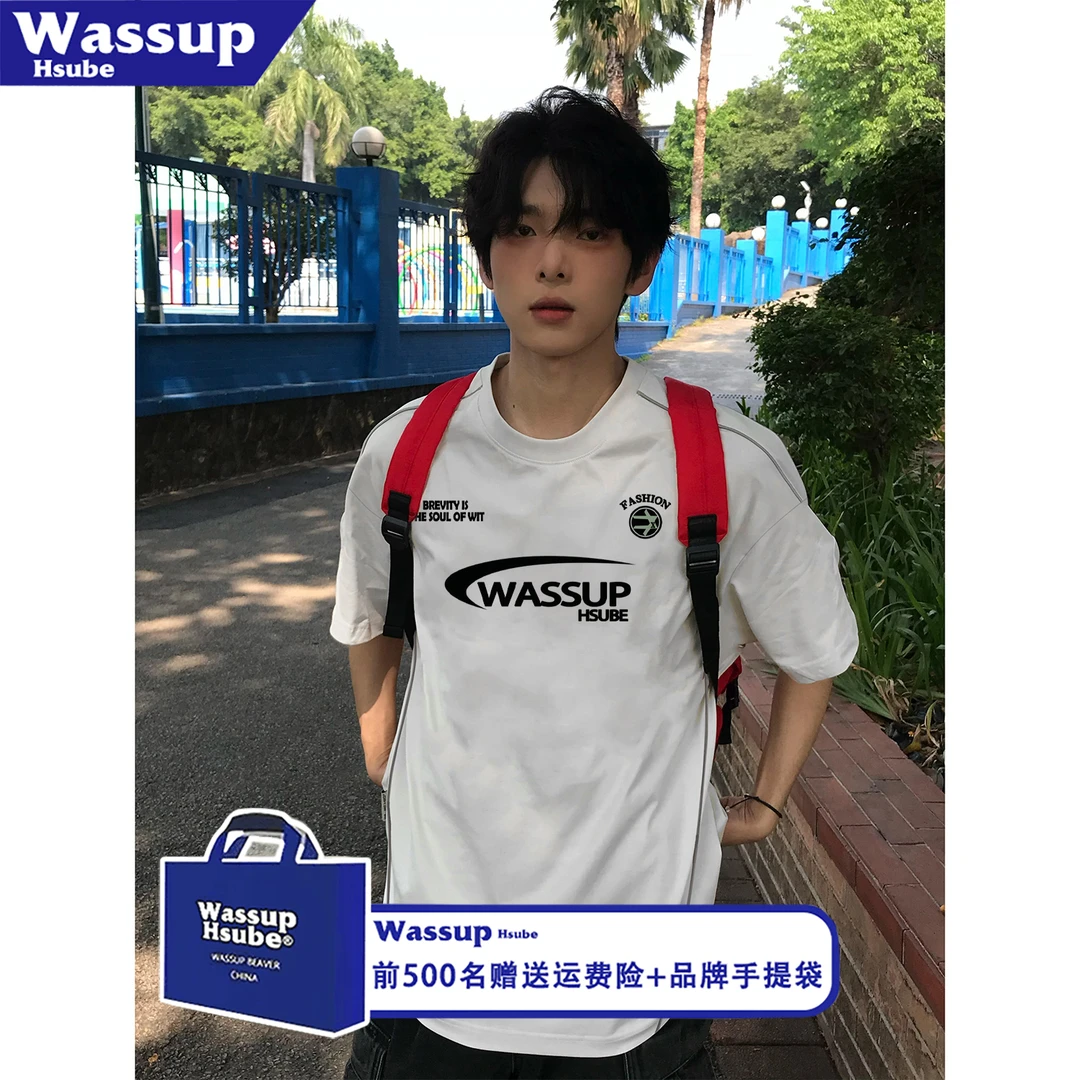 WASSUP HSUBE字母印花宽松拼接纯棉半袖男女美式小众百搭纯棉上衣