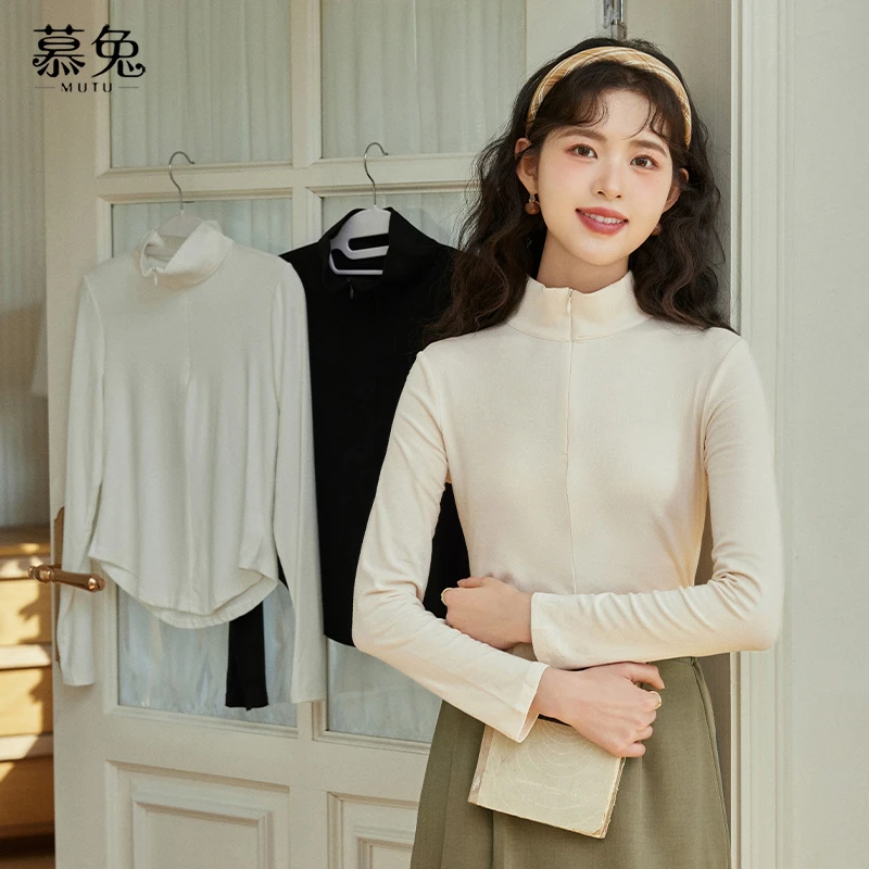 慕兔不规则半拉链立领长袖t恤女秋2024新款内搭修身短款打底上衣