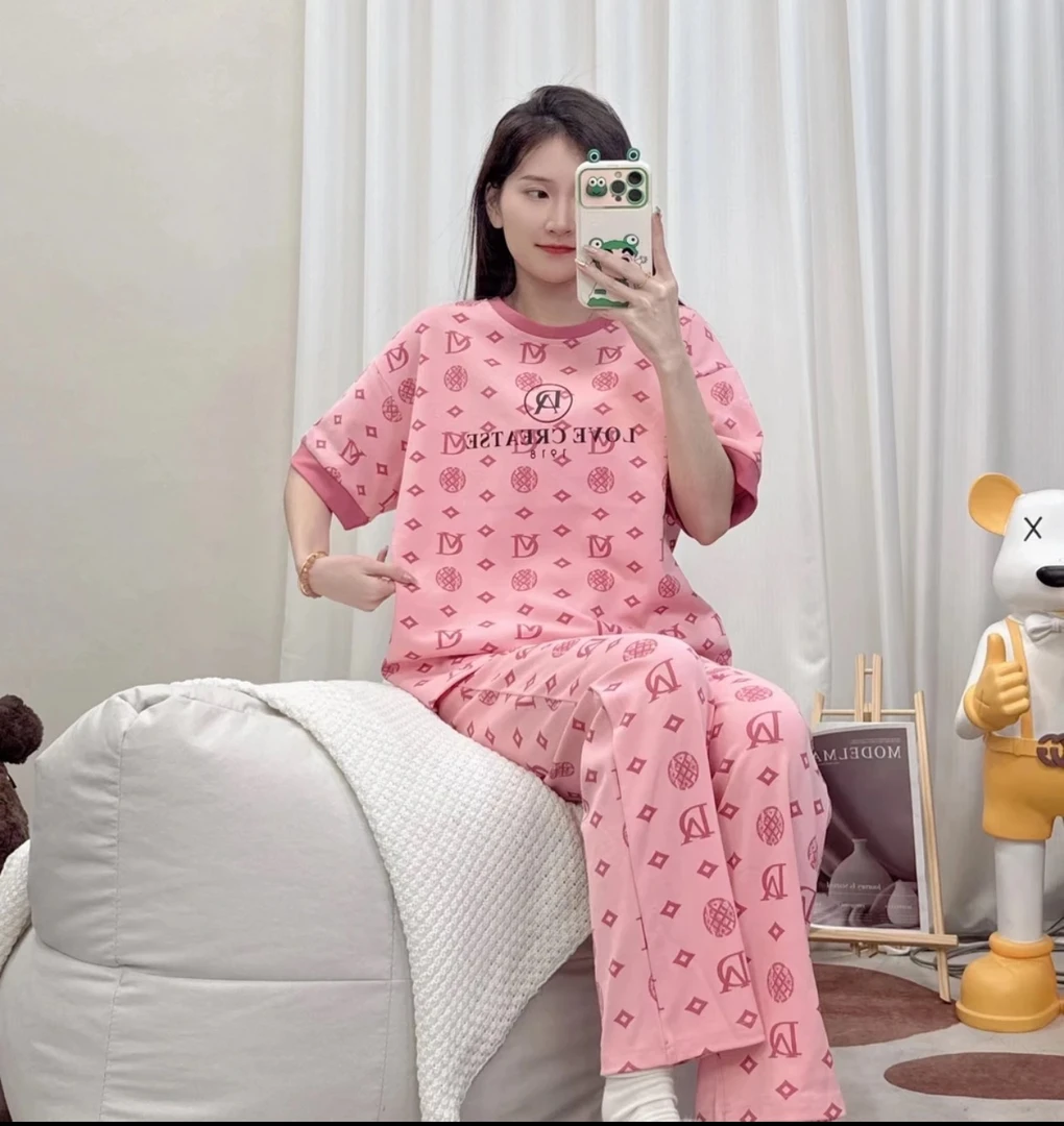 【拍1发3】女士短袖长裤睡衣休闲套装英文粉色送短裤C 6607