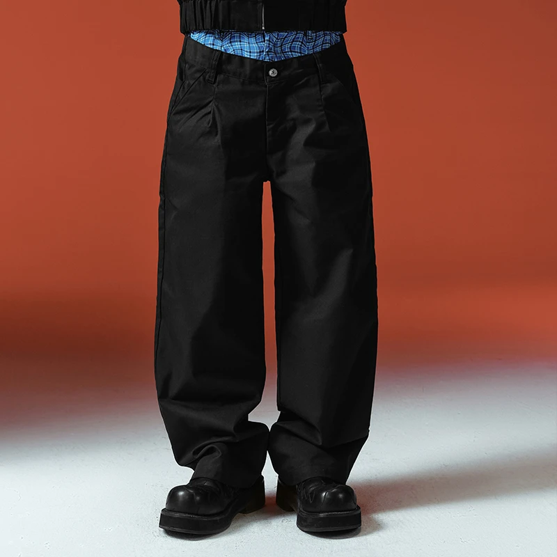 YADcrew亚德鲁 双腰扭曲格子弯刀西裤复古宽松百搭潮直筒长裤情侣