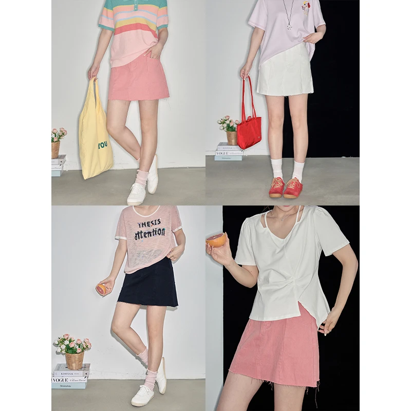 夏大大大码半身裙  莓粉色也太夏天了吧！显瘦牛仔半裙D825Z08609