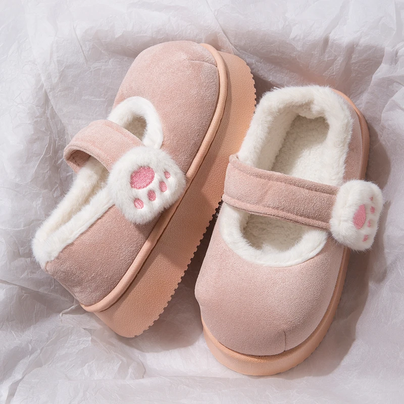 启布熊可爱猫爪魔术贴棉鞋冬加绒厚底单鞋少女心保暖圆头豆豆鞋