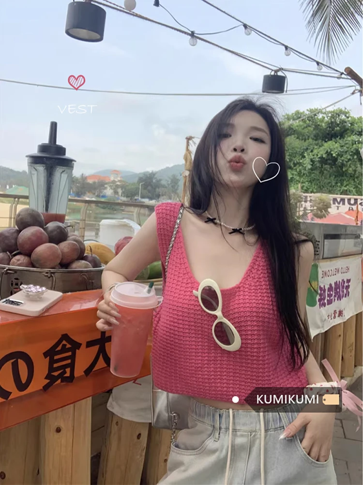 【工厂直销】玫粉色美式辣妹外穿夏宽松休闲百搭吊带背心女无袖上衣