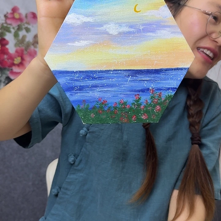 丙烯画手绘大海17*20带框