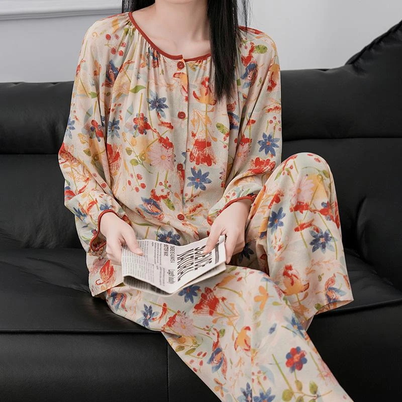 2025新款棉绸睡衣女春秋季中老年妈妈款绵绸家居服套装可外穿夏天