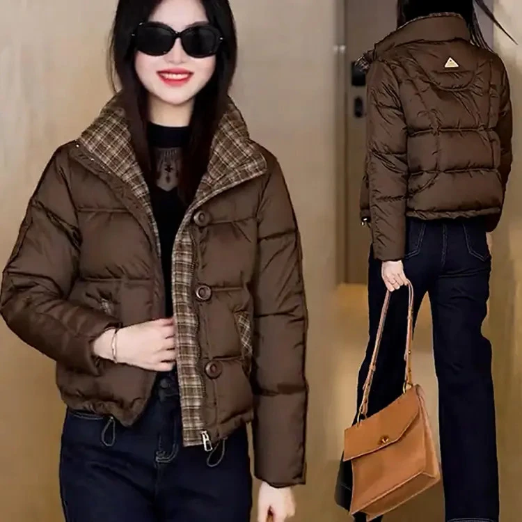 2025冬季短款格子拼接小香风棉服女士修身时尚显瘦小个子棉袄外套
