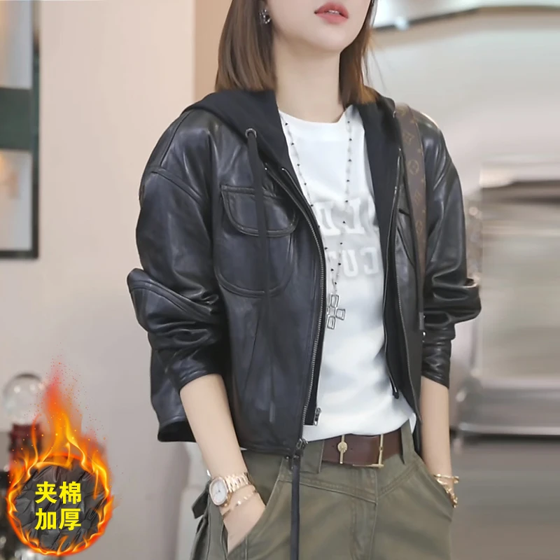 欧货时尚机车服夹棉短外套女2025秋冬新款连帽拼接设计感皮衣夹克