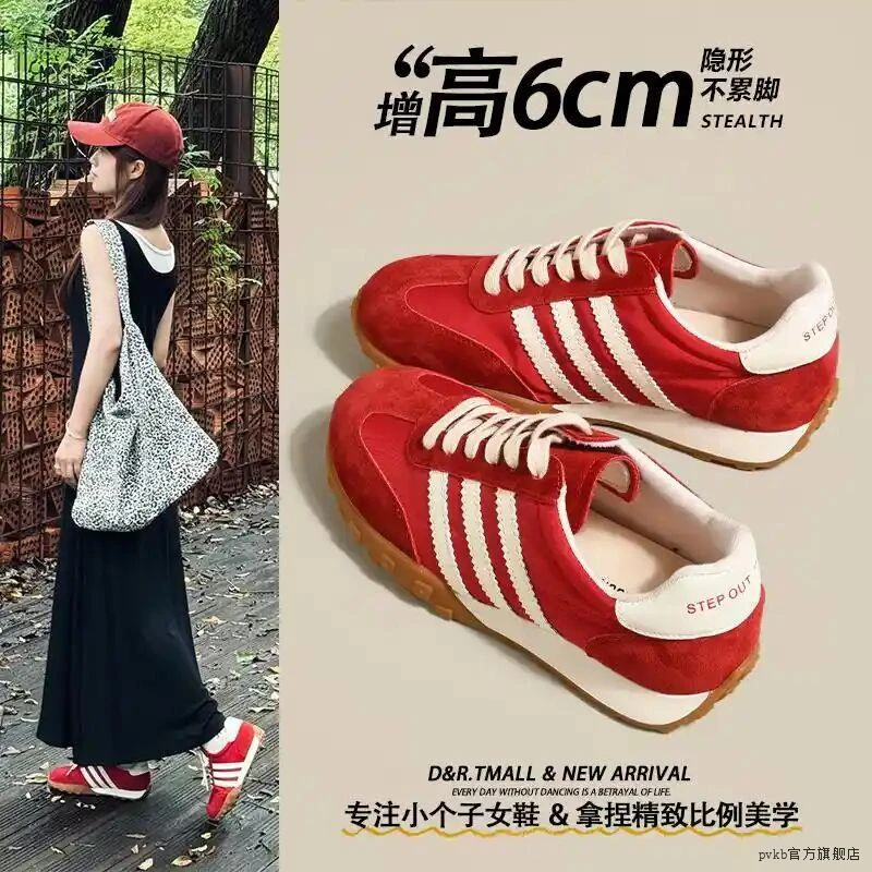 告别身高担忧2025年夏款流行红色拼色牛反绒无内里低跟内增高系带