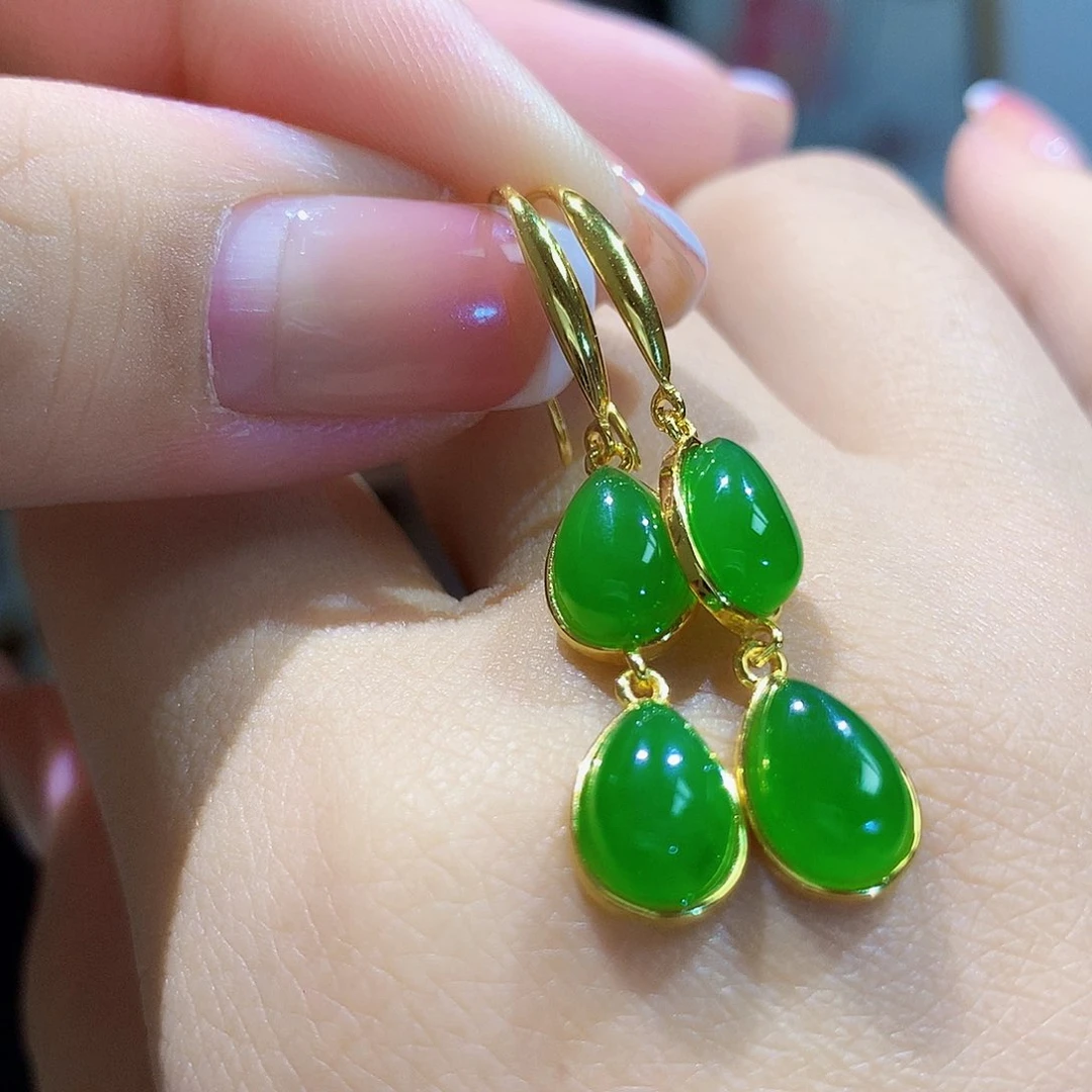 和田玉（碧玉）耳饰银S925镀金镶嵌