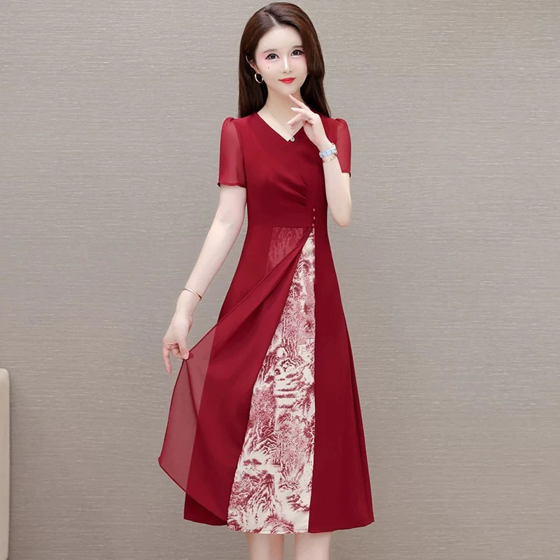 【H341红黑国风连衣裙]时尚黑色潮流夏季气质女士拼接中长款