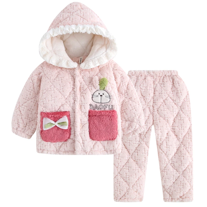 女童三层加厚夹棉睡衣带帽套装宝宝女孩保暖加绒儿童冬季休闲家居