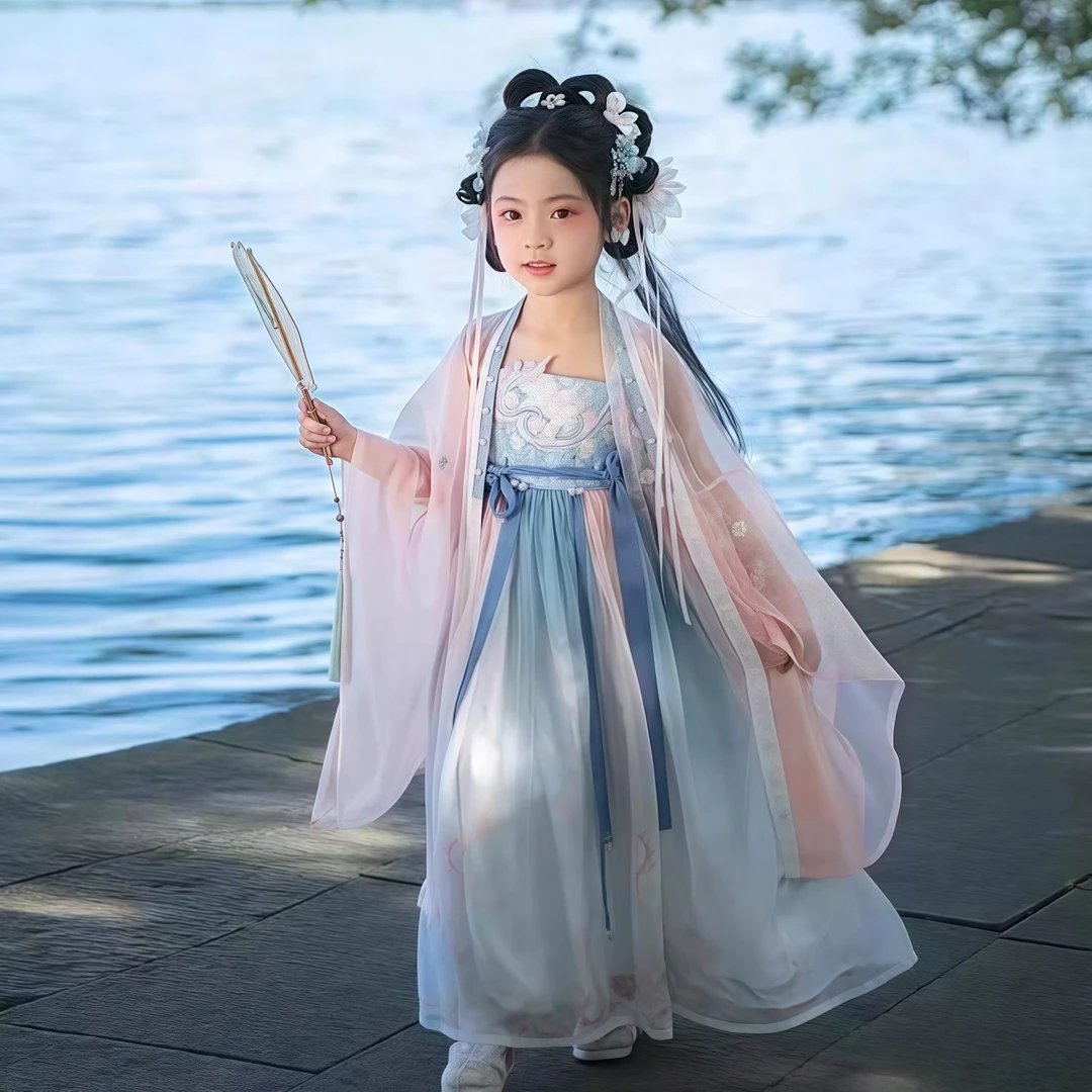 汉服女童古风古装中国风齐胸襦裙儿童套装仙气飘逸仙女刺绣春夏薄