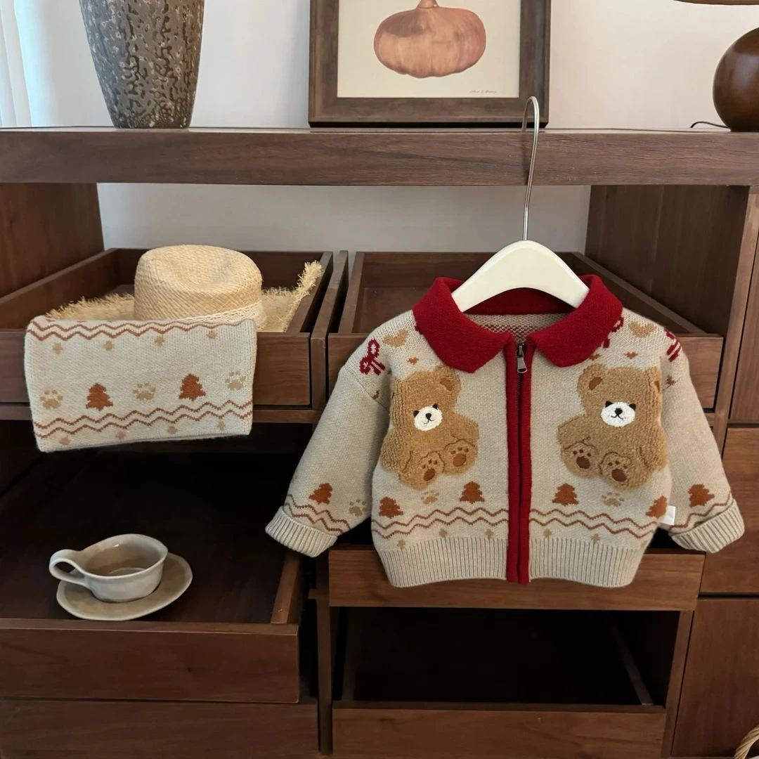 【甜美】新年款女宝韩系小熊提花刺绣外套半身裙裙冬季女童拜年服