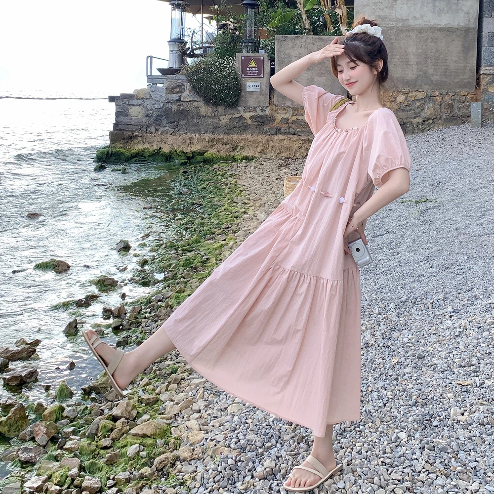粉色气质连衣裙夏季2025新款风格裙子爆款微胖中长款法式减龄长裙