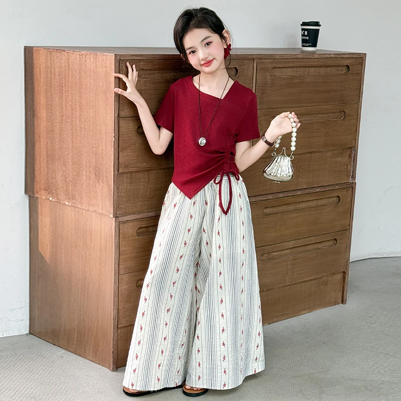 女童套装夏装3-15岁6百搭抽绳短袖T恤女大童夏季阔腿碎花裤两件套