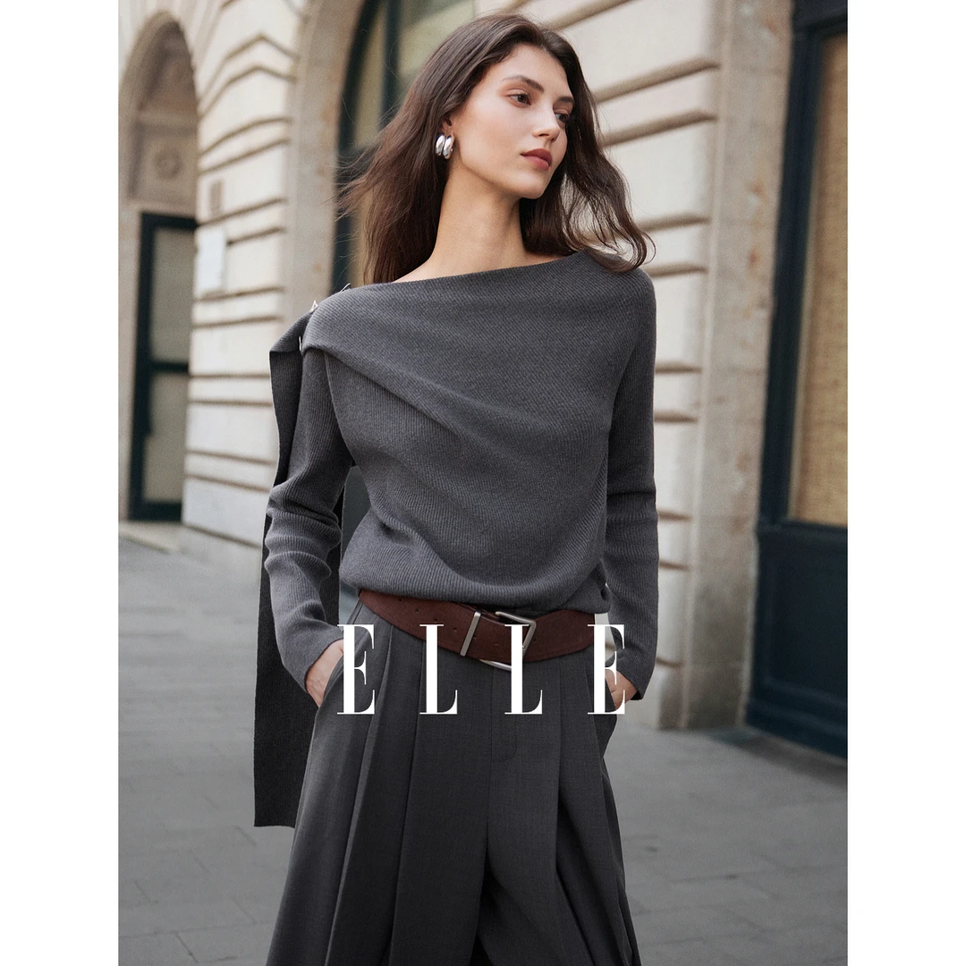 ELLE女装一字领扭结针织衫2025秋季新款绵羊毛宽松毛衣EZ52580