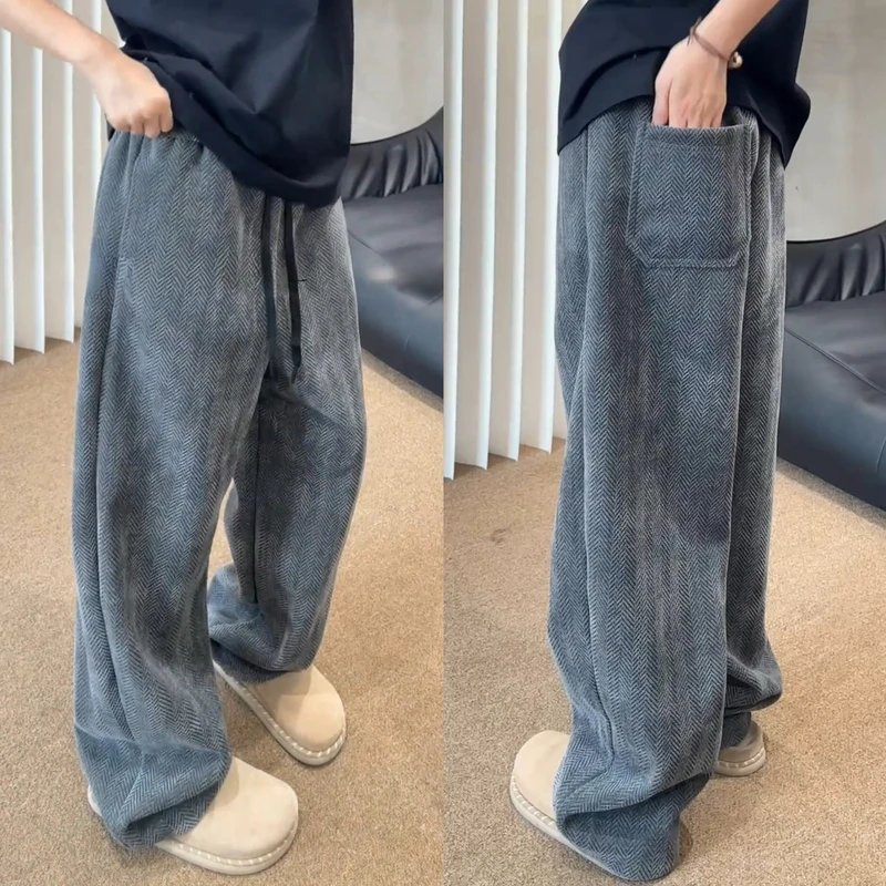 秋季新款斑马肌理重磅直筒休闲裤男士美式复古宽松垂感弯刀卫裤