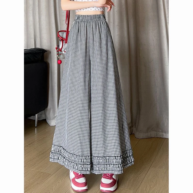 5768#大码夏季女士双层木耳边黑色格子直筒阔腿