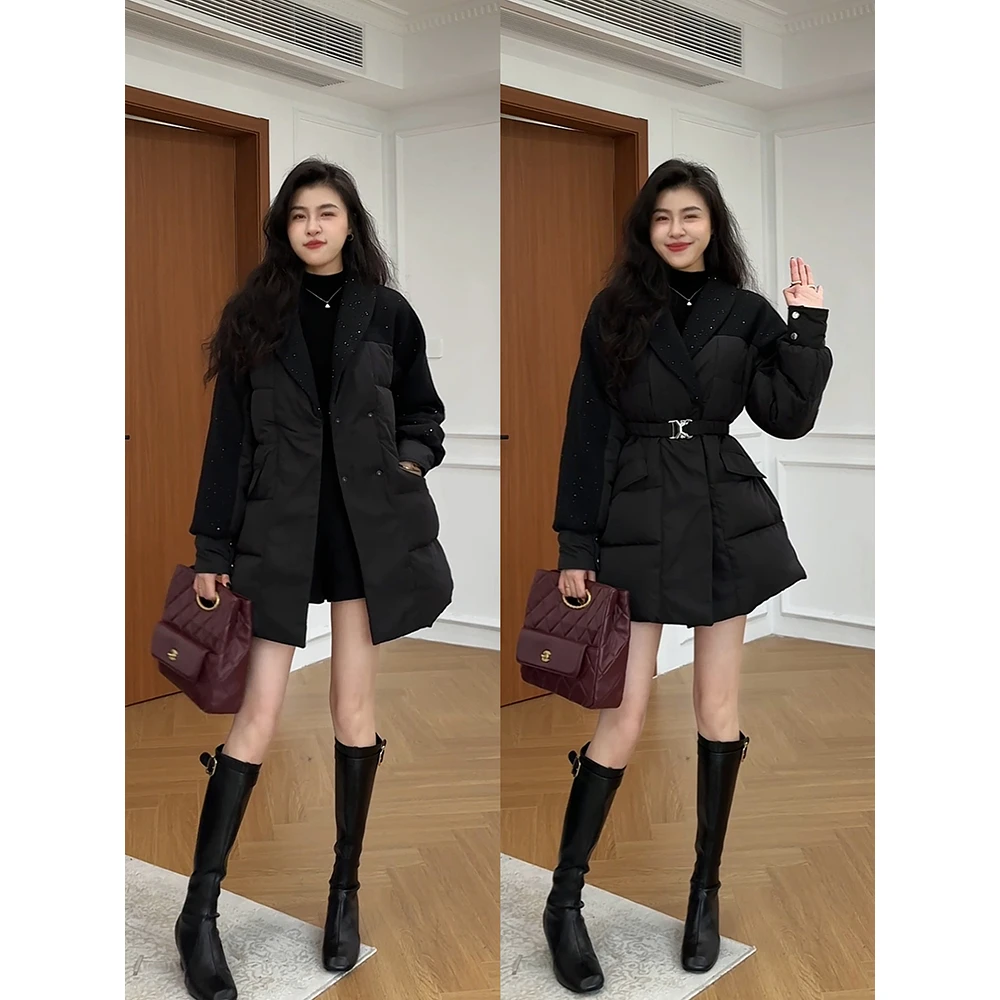 张阿星【细闪冬日】翻领拼接腰带款收腰羽绒服W425R18822