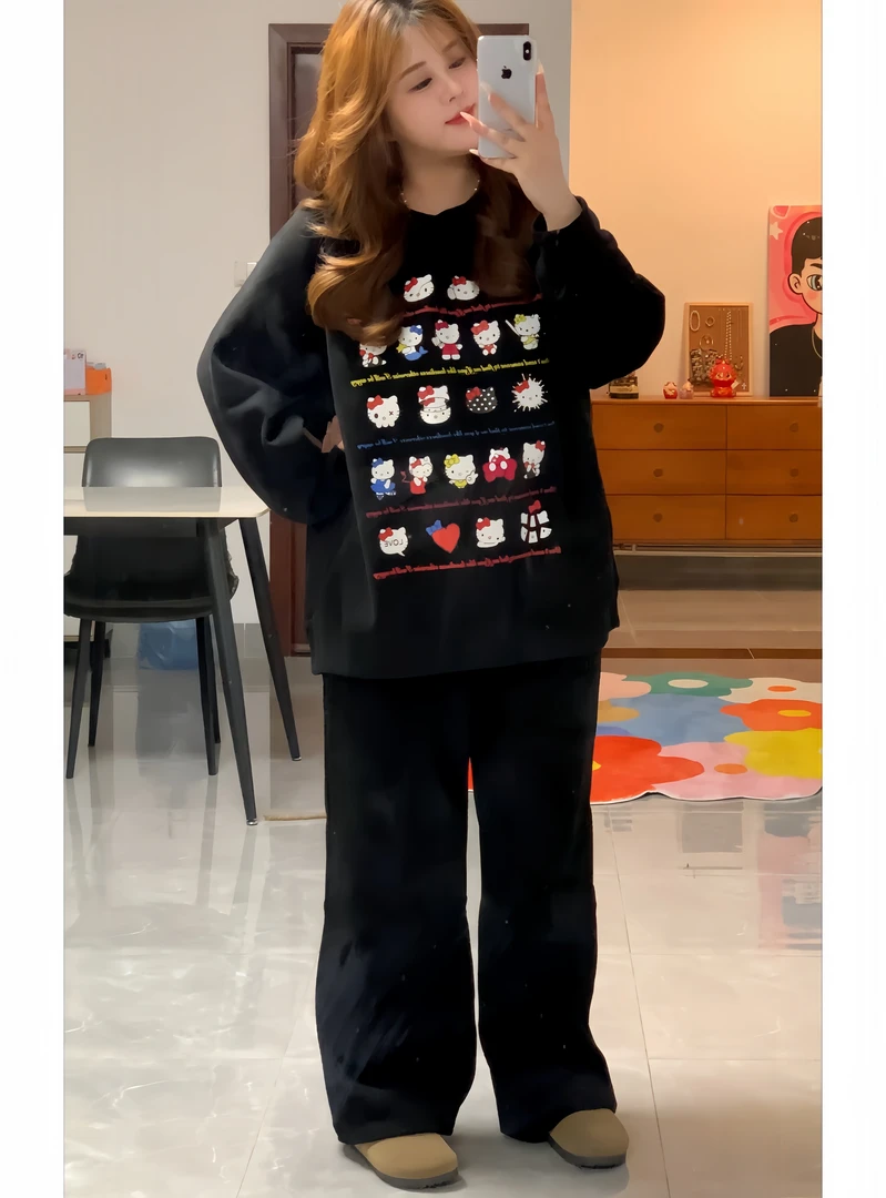 猫咪设计2025新款黑色加绒卫衣甜美感宽松百搭18-803