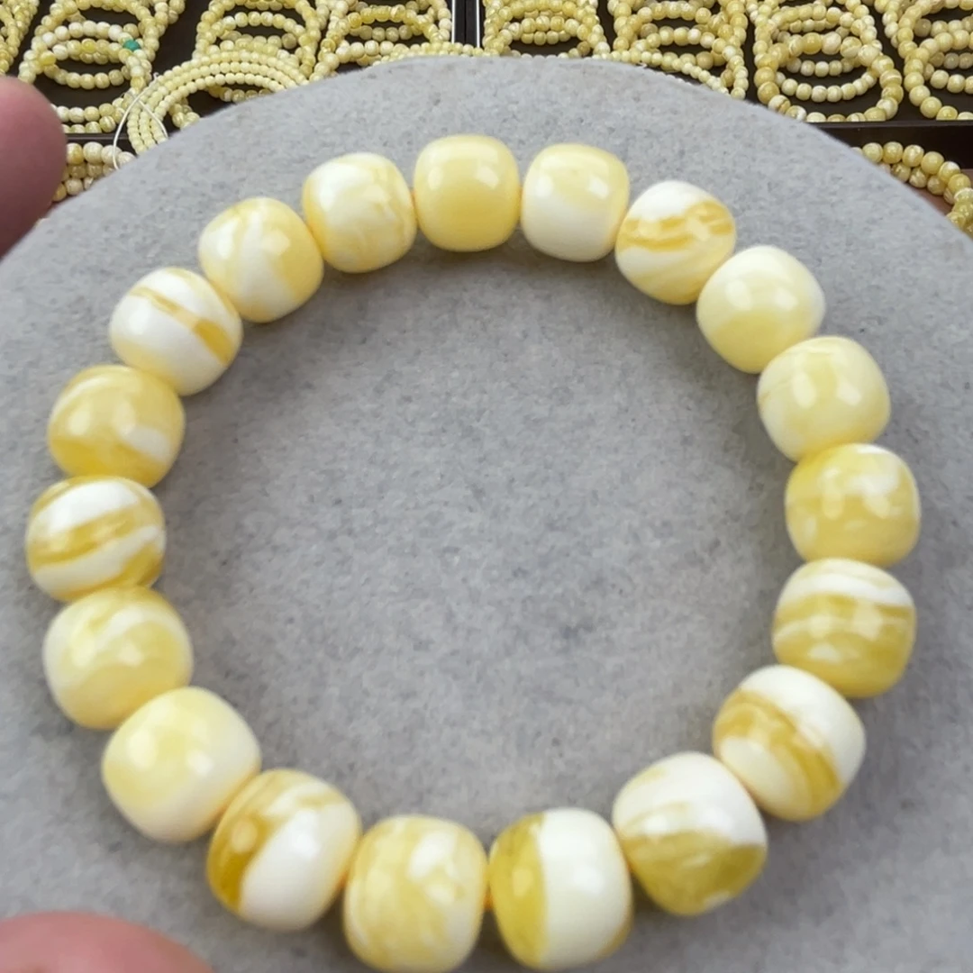 蜜蜡未镶嵌手串俄料同料瓷白花虎皮11*10.2腕口16+