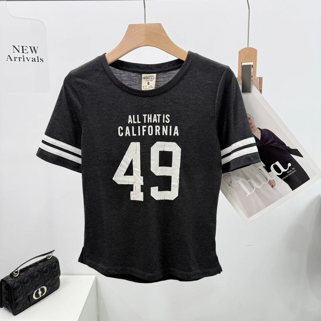 B020出口外贸休闲舒适千金感贵清冷时尚百搭修身运动洋气短袖T恤