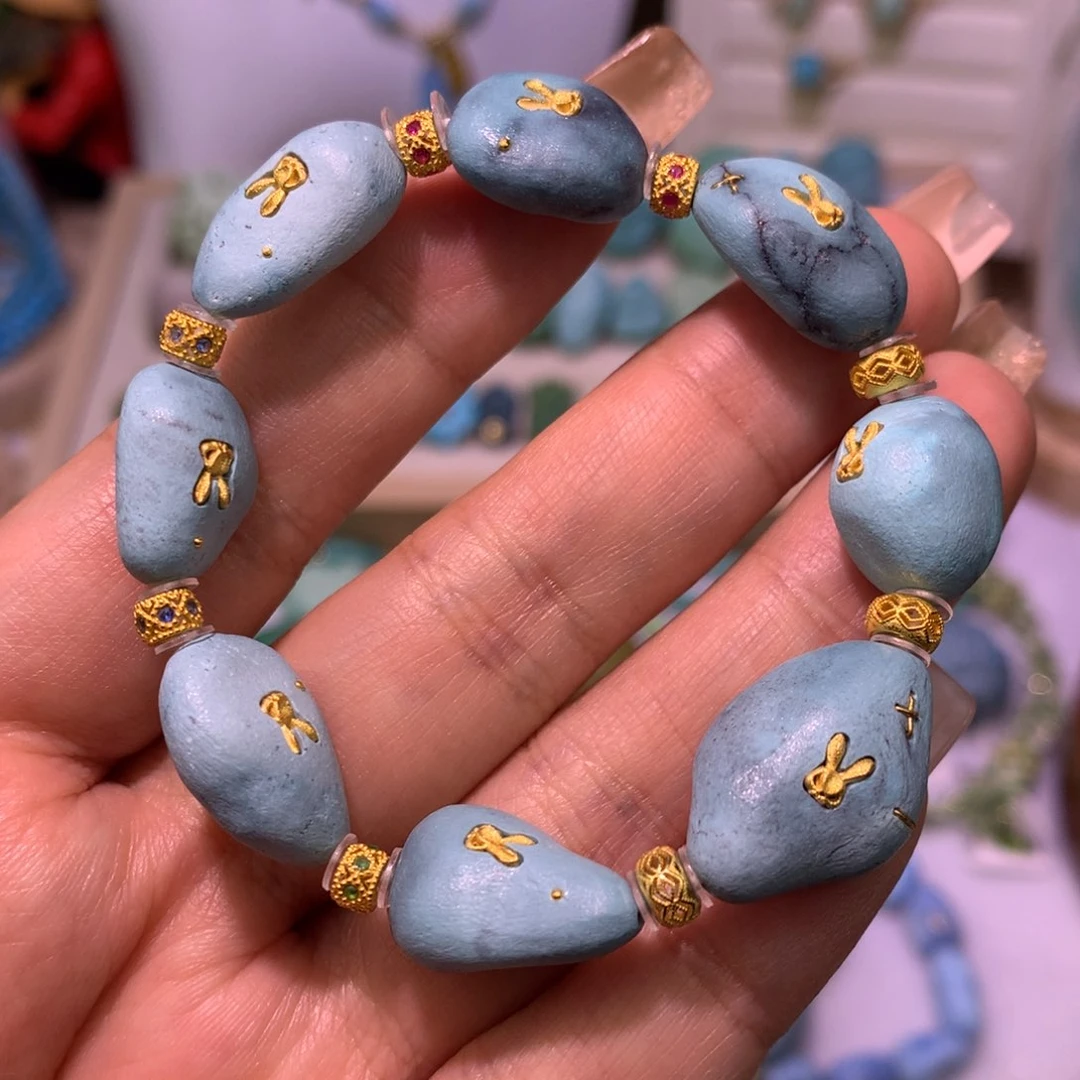 绿松石珠宝奇石未镶嵌雾霾蓝随形手串