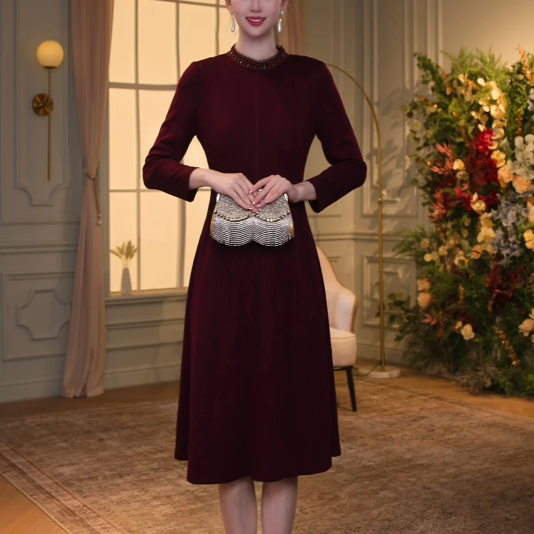 【双旦提前福利】83531秋冬酒红色显瘦女装连衣裙长袖秋冬