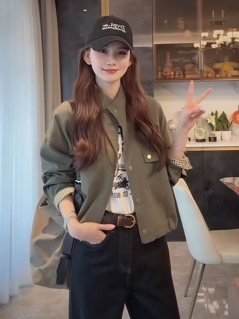 插肩袖短款立领夹克外套女2025秋季新款韩系时髦单排扣小个子上衣