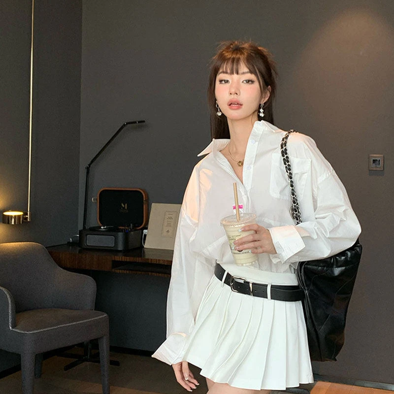【清仓特惠】IMMR白色辣妹美式学院风百褶裙春季新款女气质小个子少