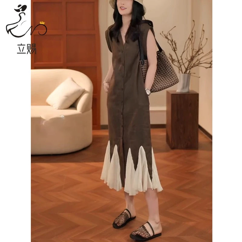 立赐轻奢高级感拼接连衣裙女夏季收腰显瘦气质法式时尚A字长裙子