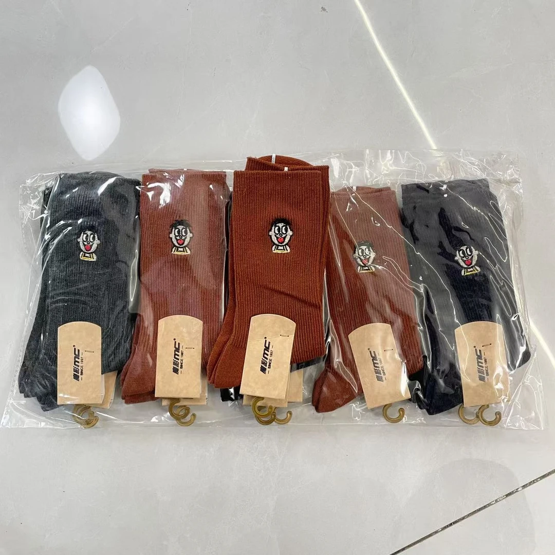 女士高腰刺绣棉质袜棉袜中长腰透气纯色不臭女袜