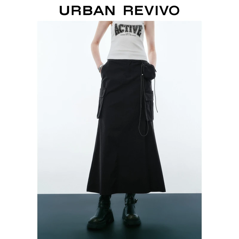 UR2025春季新款女装休闲工装风多口袋装饰开衩半裙UYV550024