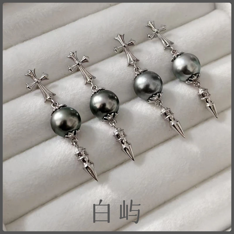 E97天然海水大溪地珍珠S925银十字设计款耳坠9-10mm（多样性发一）