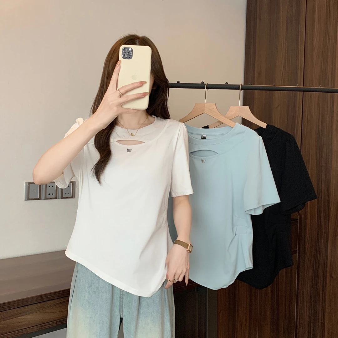 2025夏季新款胖mm大码女镂空正肩短袖t恤收腰褶皱不规则上衣64122